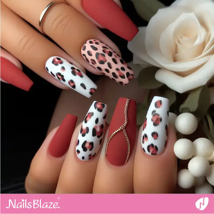 Leopard Print on Red and White Nails | Animal Print Nails - NB2574